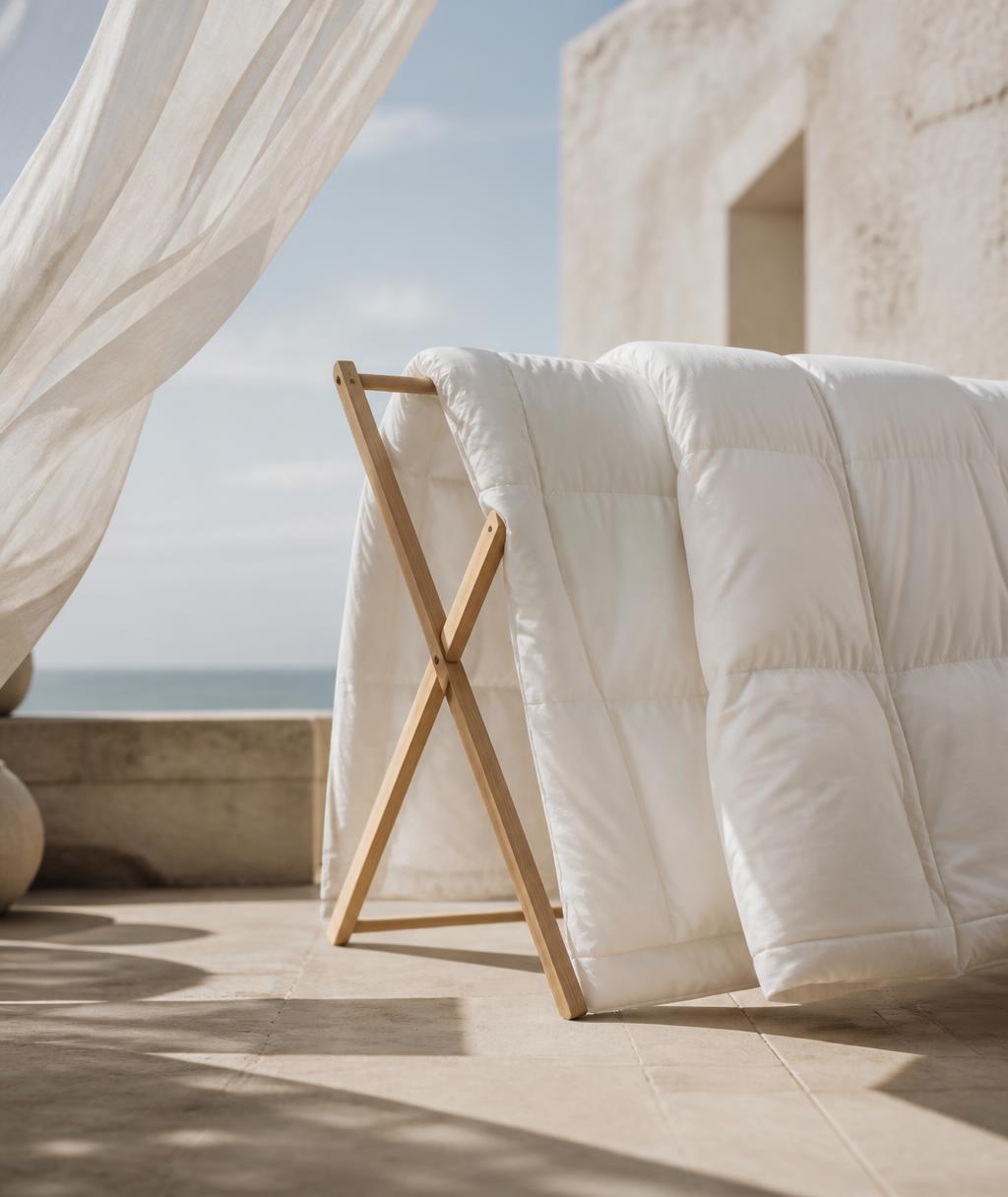 White down bedding airing outdoors on a wooden drying rack in bright daylight