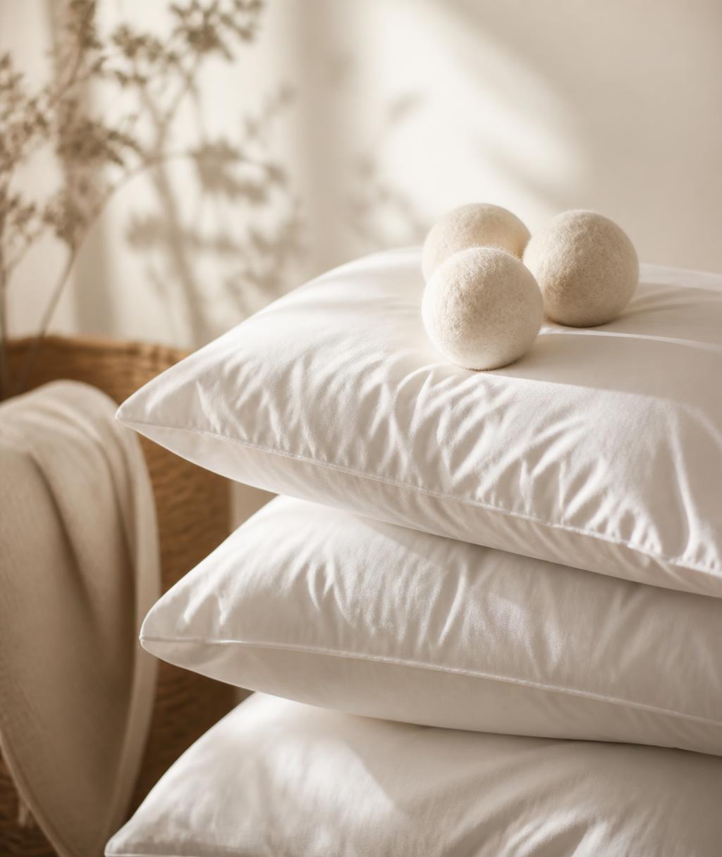 A stack of freshly laundered white pillows with wool dryer balls resting on top