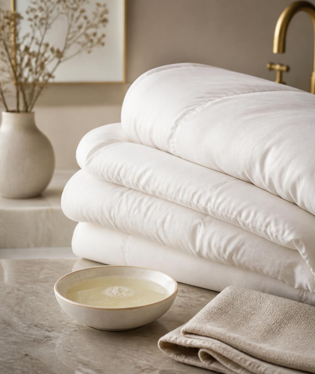 A folded white down comforter beside a dish of gentle detergent and a linen cloth