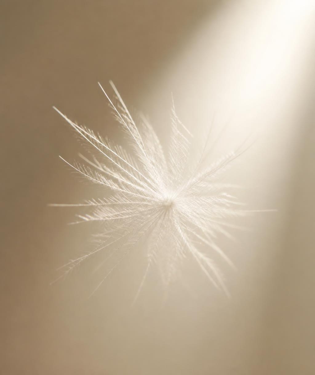 Macro view of a single white down cluster suspended in soft light