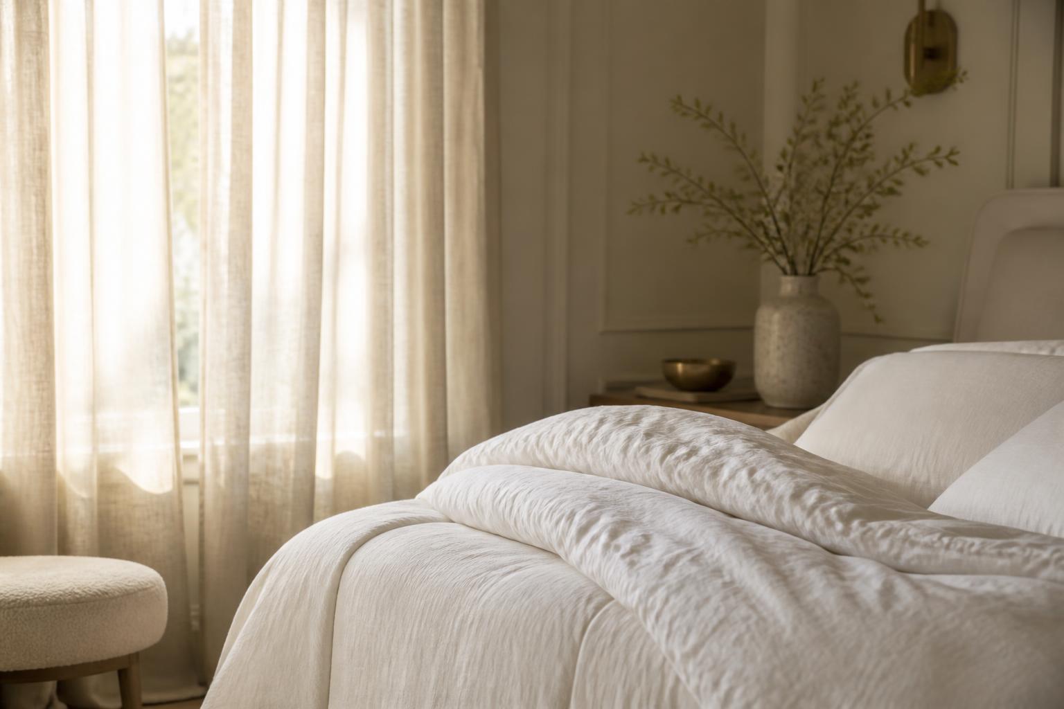 A cream bedroom corner with a folded white down comforter in soft morning light