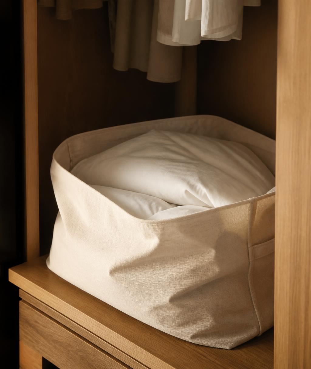 A breathable cotton storage bag holding folded bedding on an open wooden closet shelf
