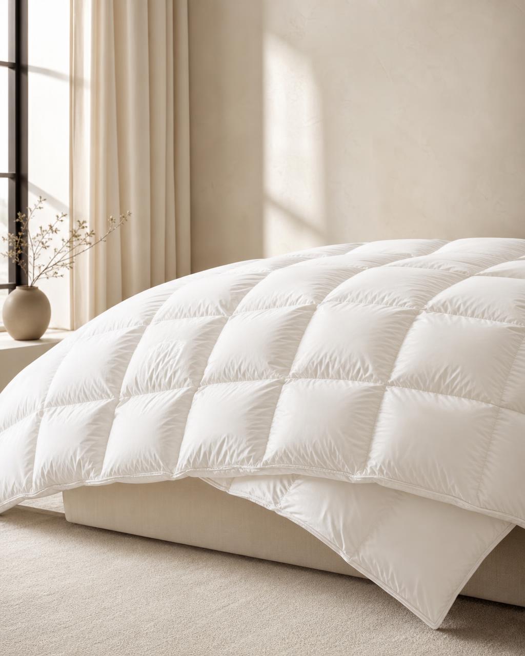 Down Comforter styled on a made bed — Plumés Bedding