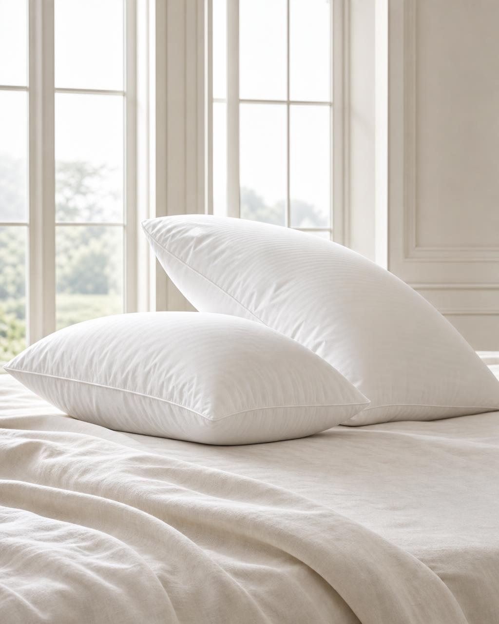 Down Pillow styled on a made bed — Plumés Bedding