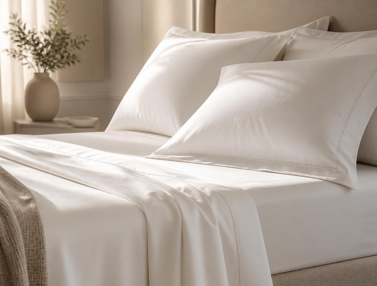 Windsor long-staple cotton sheeting, hemstitched and pressed on a made bed